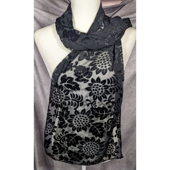 Gothic Floral Black  Velvet Burnout Scarf - Picture 7 of 8